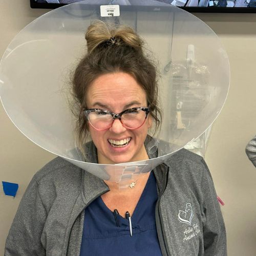 Veterinary staff wearing a cone